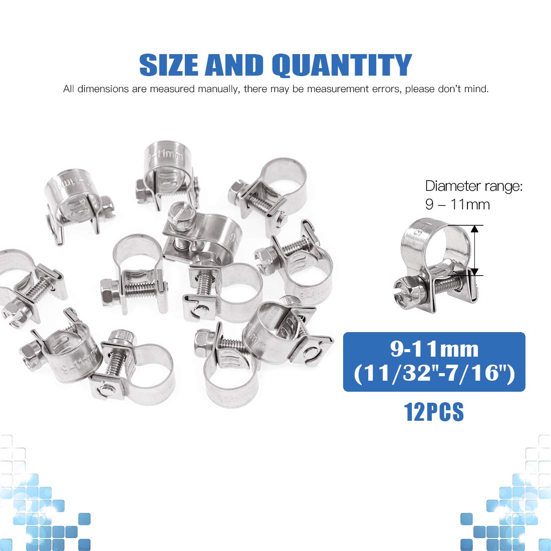Glarks Stainless Steel Mini Fuel Injection Hose Clamps Set, 12-Pack, 9-11mm Adjustable Pipe Clips, Silver, for 11/32-7/16 Dia Tubes