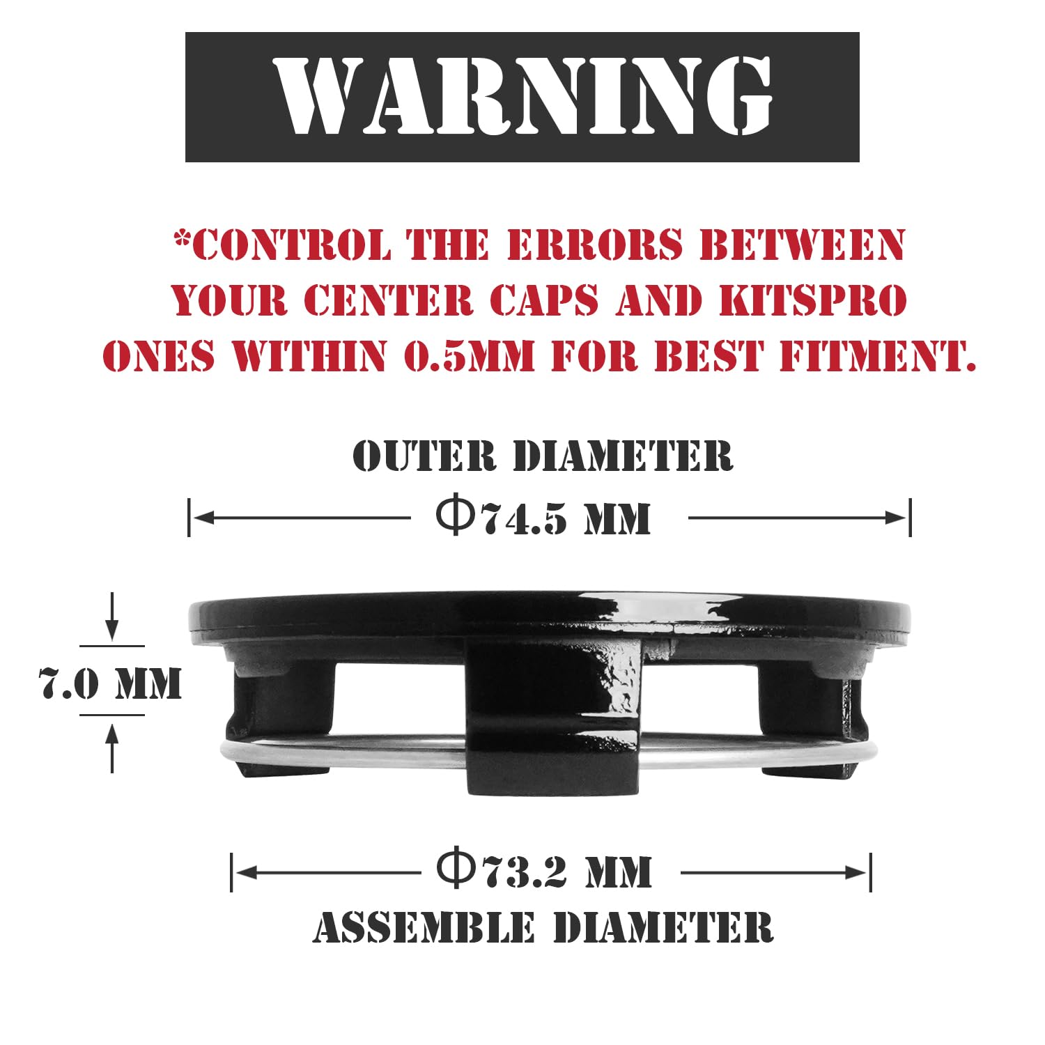 Kitspro 2.9Inch 75Mm Wheel Center Caps, Pack Of 4 (Gloss Black, Outer 75Mm, Inner 73Mm)