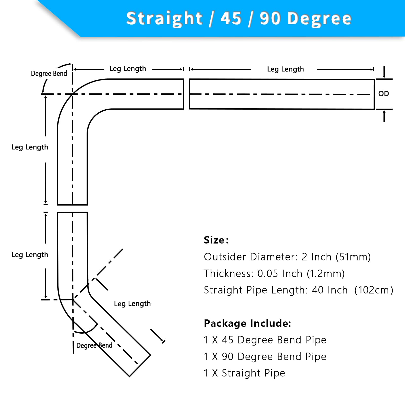 Fgjqefg 3 Inch Diy Custom Mandrel Exhaust Pipe Tube Pipe, 40 Inch Straight Pipe, 3''Od Straight & Mandrel Bend Pipe(45/90 Degree
