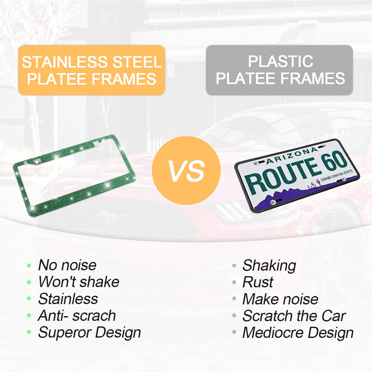 Yalok Bling Car License Plate Frame, Sparkly Rhinestone Stainless Steel License Plate Cover/Holder, Universal For Most Cars, Suvs, Vehicles With Screw Set, Auto Accessories For Women (Dark Green)