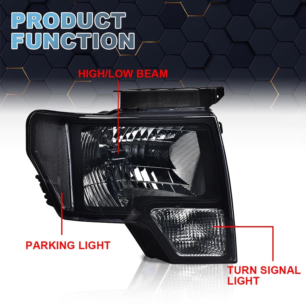 Pit66 Headlight Assembly Compatible With Ford F150 2009 2010 2012 2013 2014 Only Fit Factory Halogen Models Headlamp Front Light