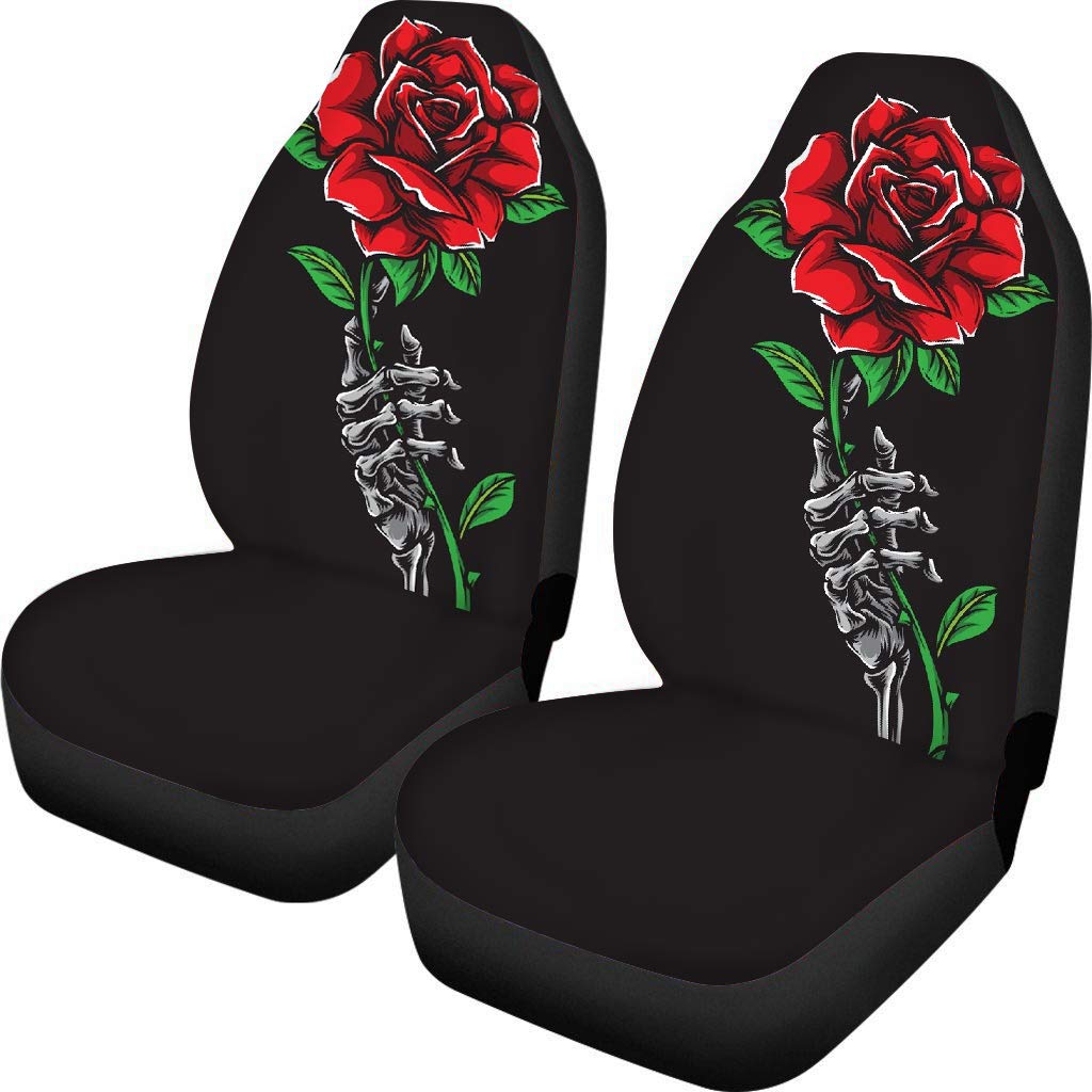 Amzbeauty Skull Rose Printed Front Seat Cover 2 Pcs, Universal Vehicle Seat Protector Mat Covers, Fit Most Cars, Sedan, SUV, Van