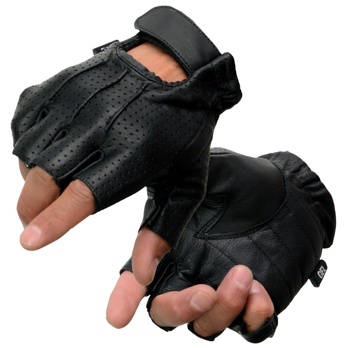 Milwaukee Leather SH357 Men's Black Leather Gel Padded Palm Fingerless Motorcycle Hand Gloves W/ Welted Perforated Leather - Lar