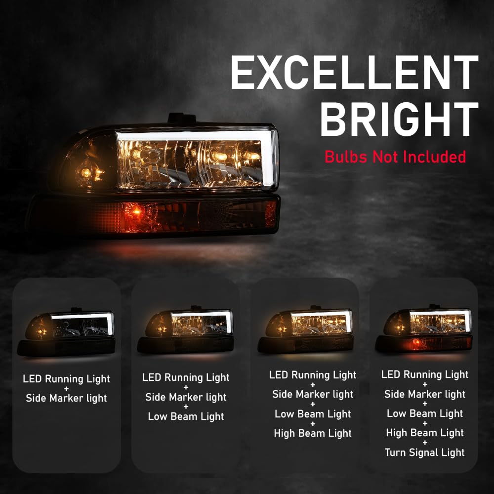 Cheda Led Front Headlights Assembly Headlamp Compatible With Chevy Blazer 1998-2005 & Fit Chevy S10 Pickup 1998-2004 Clear Lens