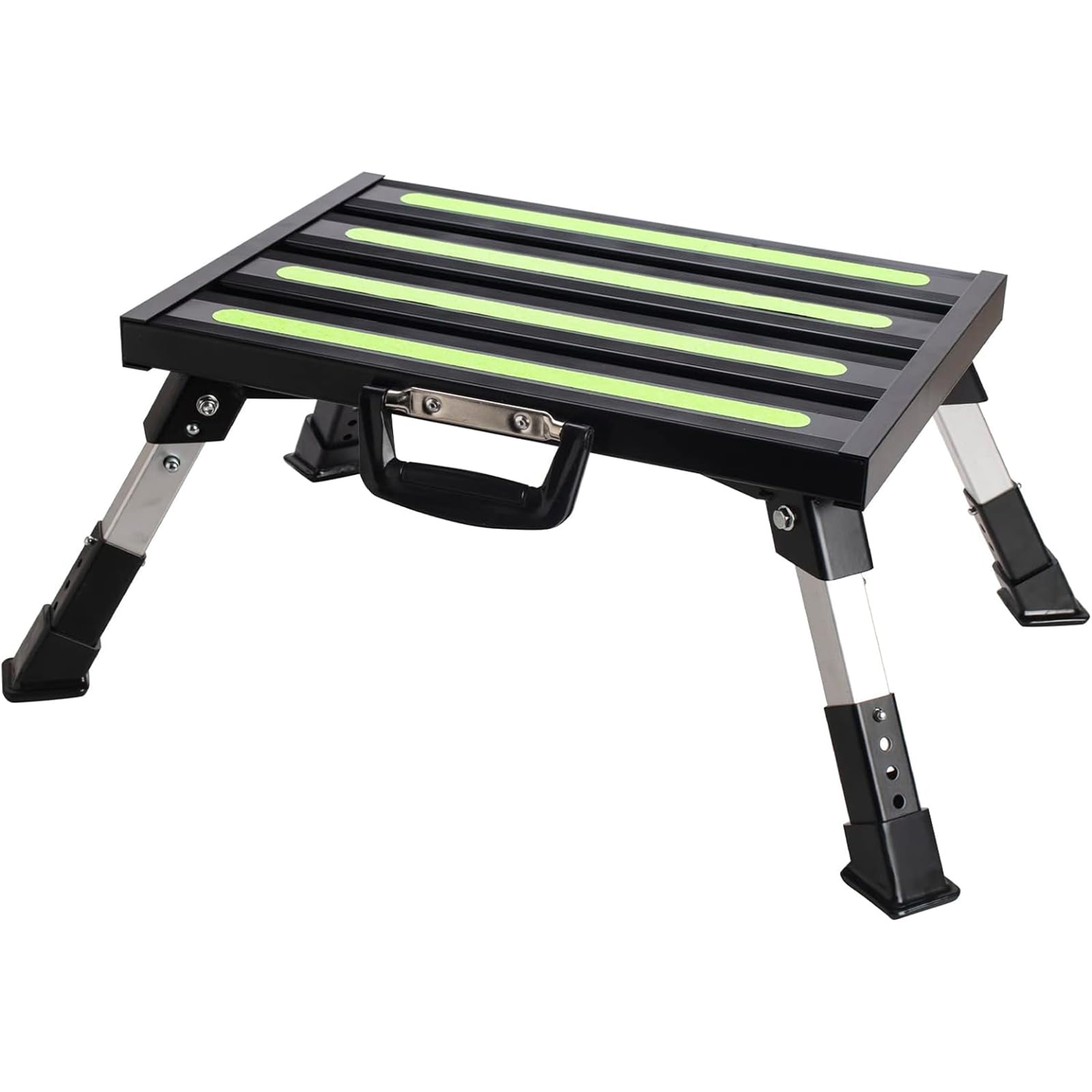 Garfatolrv Rv Steps, 4-Level Adjustable Height Folding Camper Steps Non-Slip Fluorescent Strip Aluminum Platform Rv Accessories,