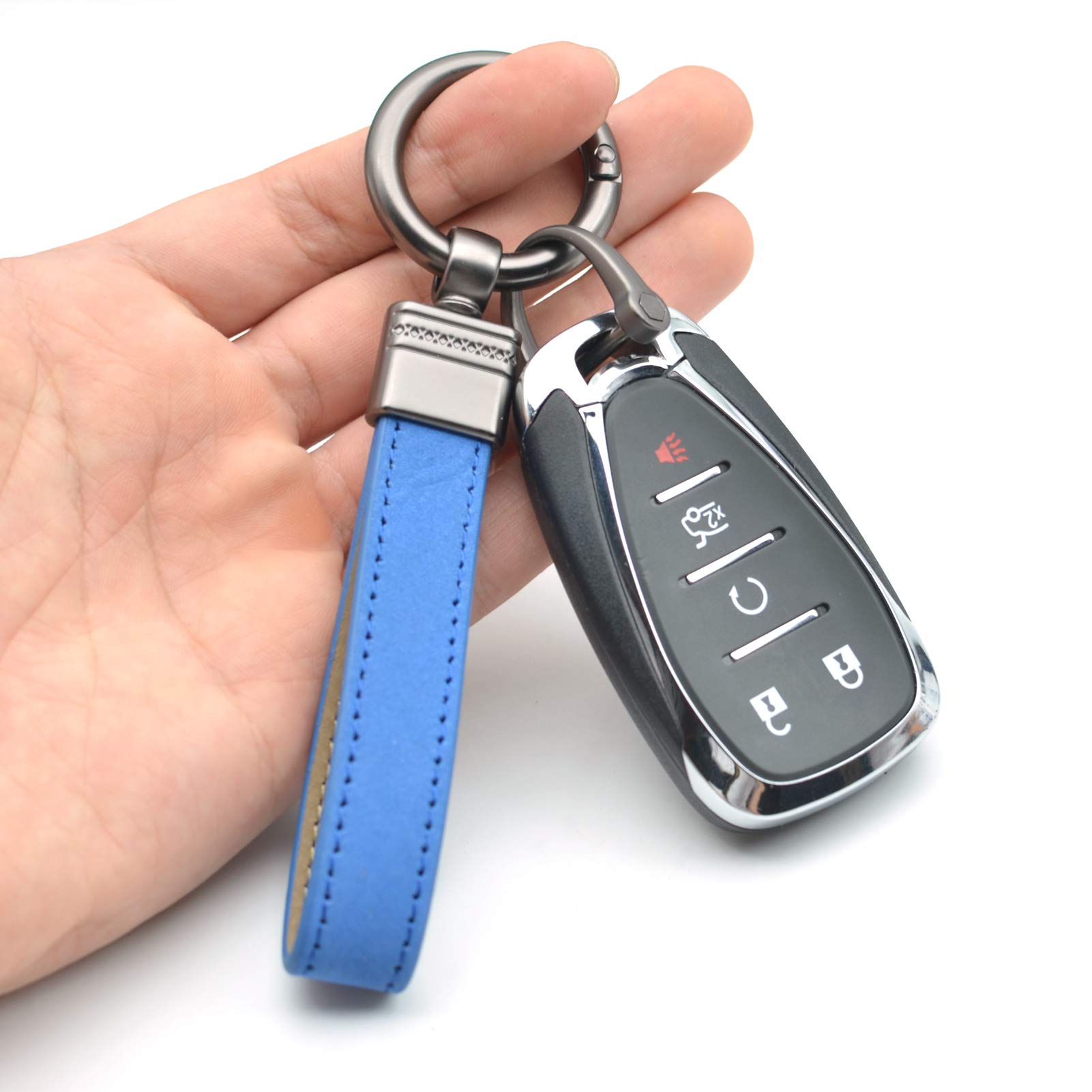 Car Fob Key Chain Genuine Leather Keychains Holder For Men And Women, 360 Degree Rotatable, With Anti-Lost D-Ring, Circle Carabiner And Key Rings, Blue