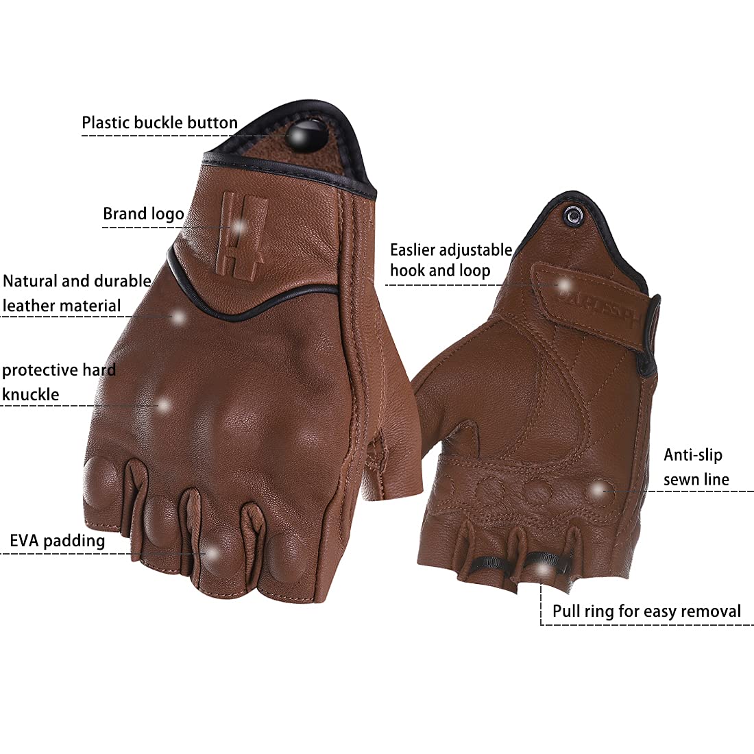 Harssidanzar Half Finger Motorcycle Gloves,For Mens Leather Riding Driving Gloves With Hand Knuckle Gm037,Saddle,Size,Xl