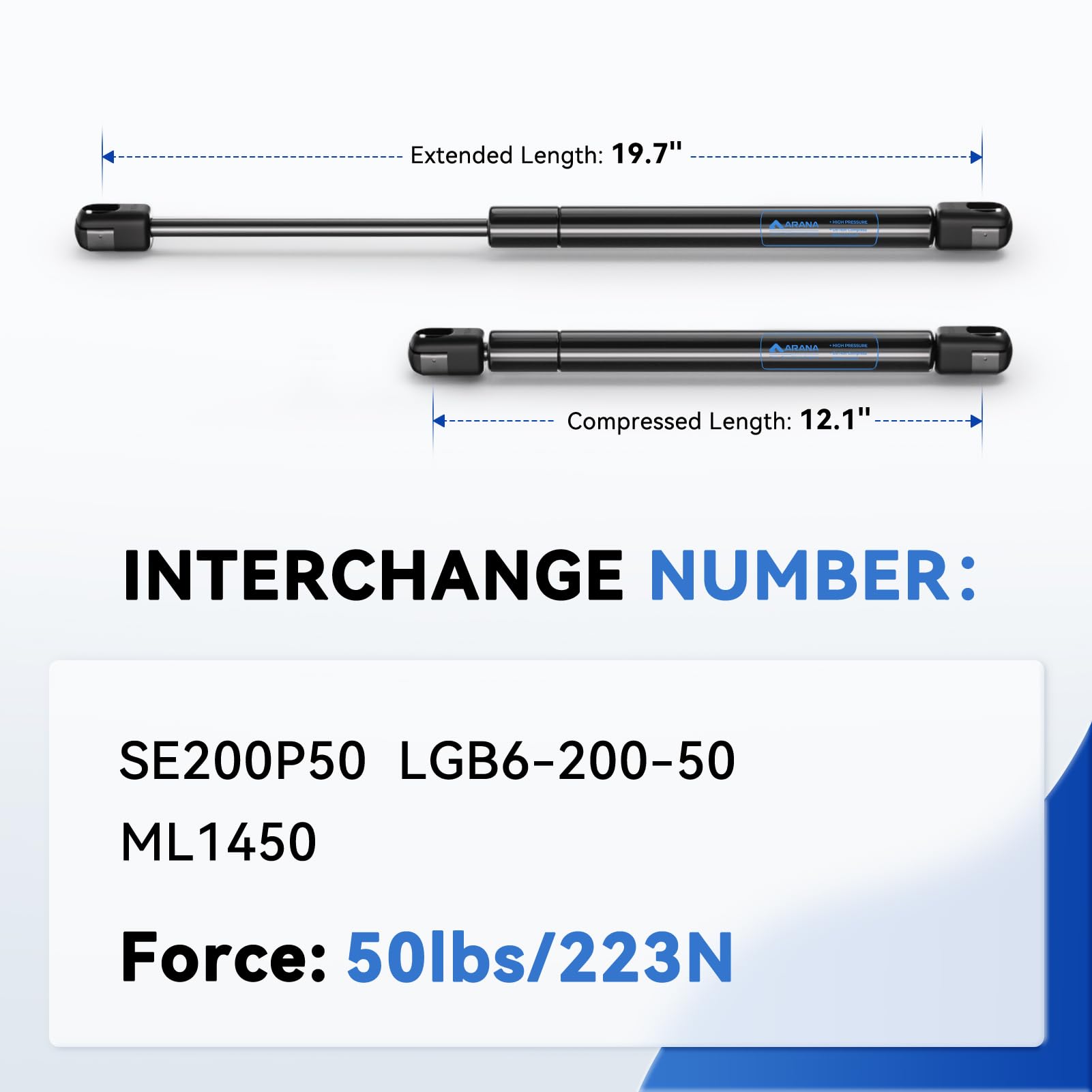 Arana Se200P50 20 Inch 50 Lbs Gas Struts Prop Shock, Lgb6-200-50 20 Inch 50 Pounds Lift Support For Trailer Door Rv Queen Bed Le