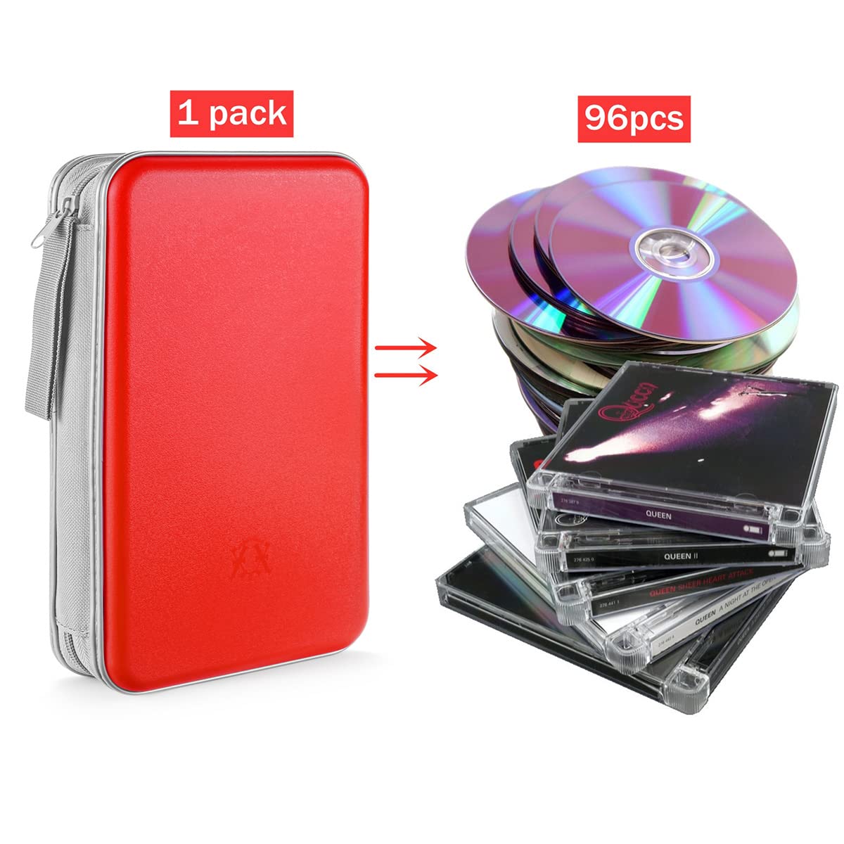 Liovode Dvd Case, 96 Capacity Portable Cd Case Holder Storage Hard Plastic Dvd Media Wallet Holder Organizer For Car (Red)