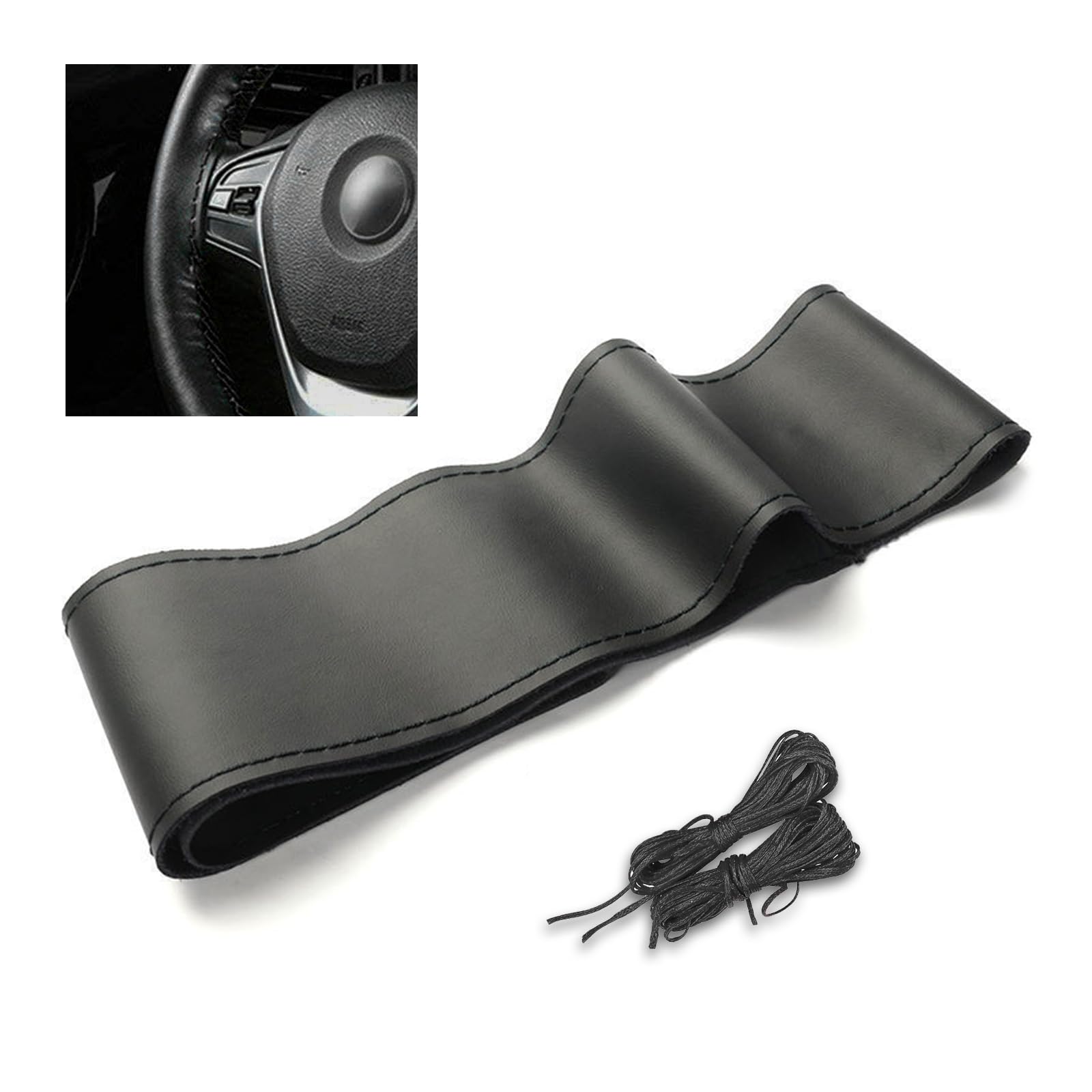 Ziciner Leather Steering Wheel Cover, Stitch On Wrap, Breathable Anti-Slip Car Steering Wheel Protector for Max Diameter 15'', D