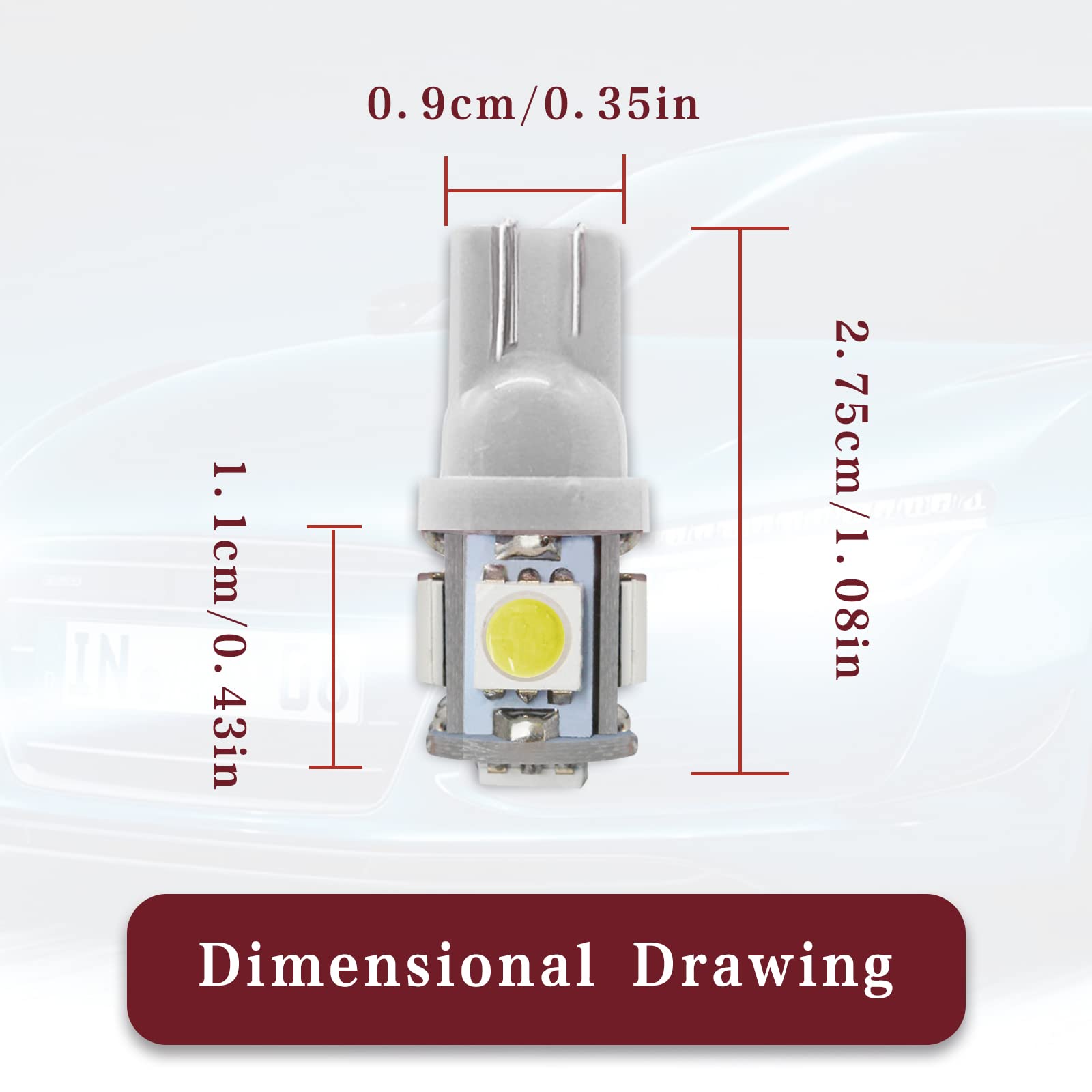 Rboko 10Pcs 194 Led Light Bulb 6000K Wedge T10 Led Bulb 5Smd 5050 Chips, 168 T10 2825 5Smd Dc 12V Replacement Bulbs For Car Dome