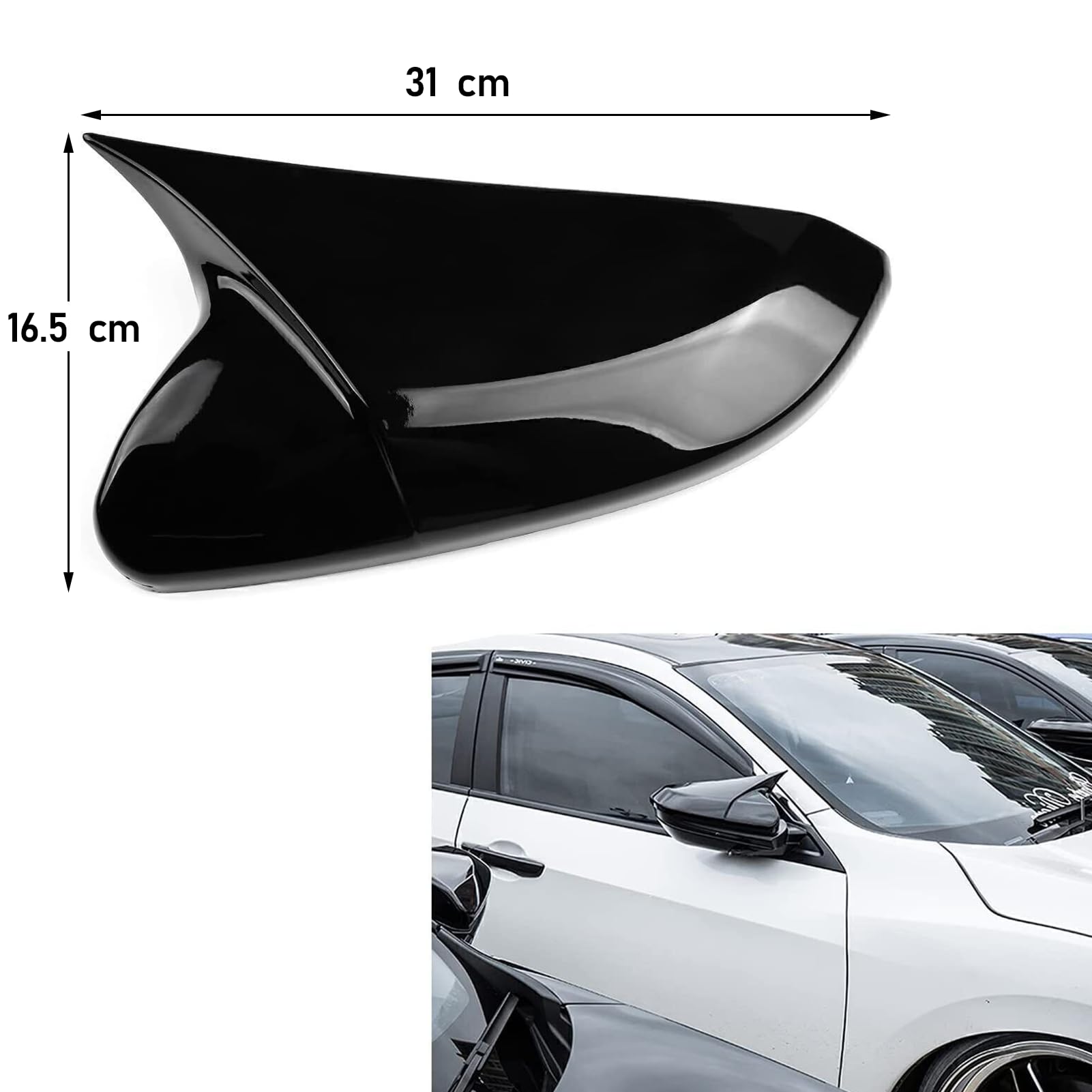 Moonlinks Compatible With 2016-2021 Honda Civic Side Ox Horn Mirror Cover Replacement, Glossy Black Lh & Rh Side Door Rearview M
