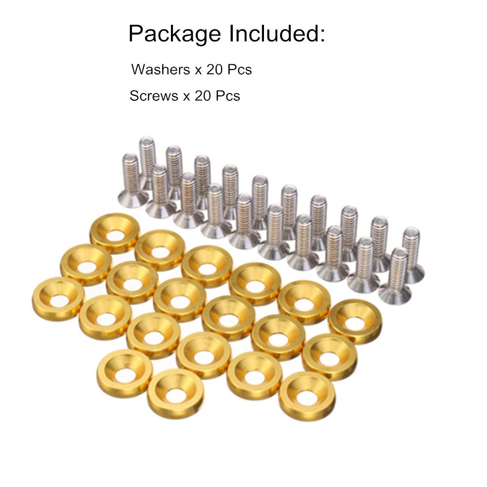 Ouhl 20Pcs Aluminum Bumper Fender Washer M6 T6 Grade Cnc Billet Engine Bay Dress Up Kit (Gold)