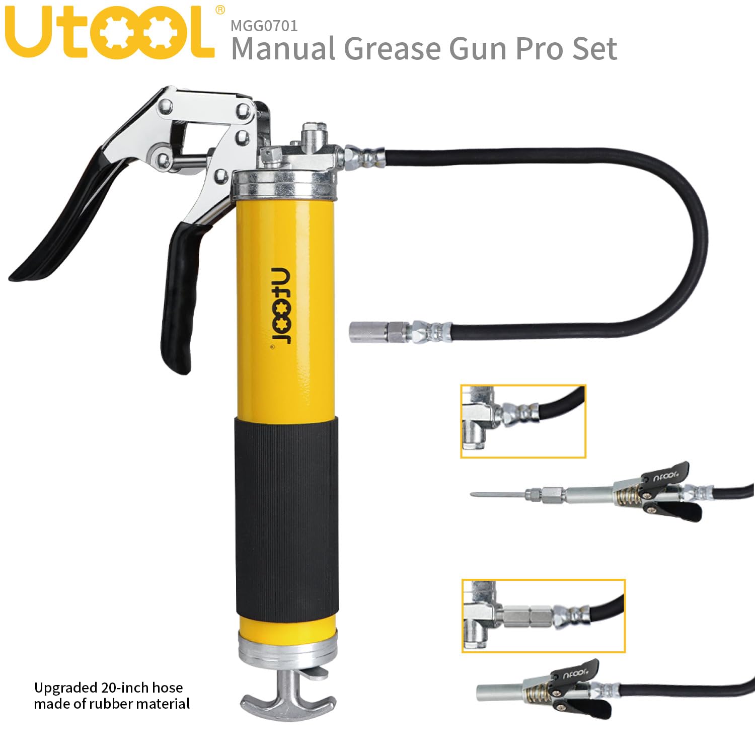 Utool Grease Gun, 8000 Psi Heavy Duty Pistol Grip Grease Gun Kit, 14 Oz Capacity, 20 Inch Rubber Flex Hose, 1 Patented Double Ha