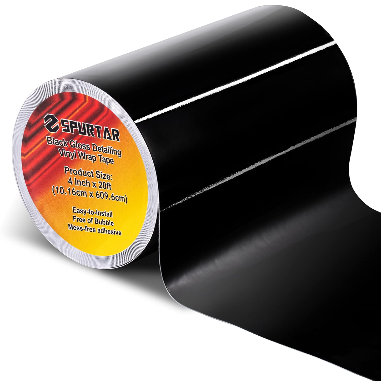 Spurtar Gloss Black Vinyl Wrap 4 Inch X 20Ft Air-Release Adhesive Car Vinyl Tape Chrome Delete Wrap Roll Diy Car Exterior Decora