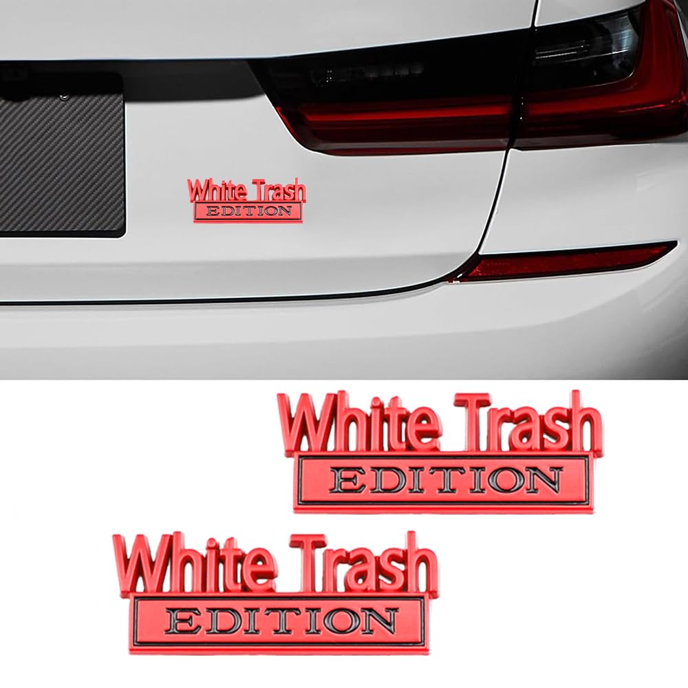 Carrun 2 Pcs White Trash Edition Emblem Car Side Rear Front Hood Trunk Door Badge 3D Decal Sticker Fit For Car Truck Suv (White