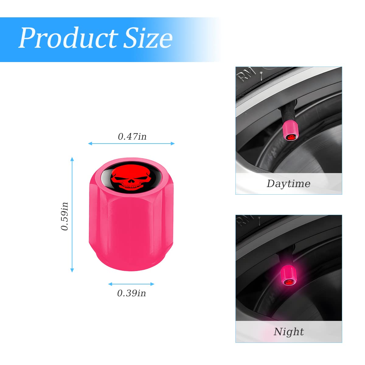 Luminous Auto Tire Valve Stem Caps, 12Pcs Skull Illuminated Wheel Valve Stem Cover, Night Glow Wheels Cap Corrosion Resistant, Fluorescent Tire Valve Caps Fit For Cars, Suvs, Trucks, Bikes (Pink)