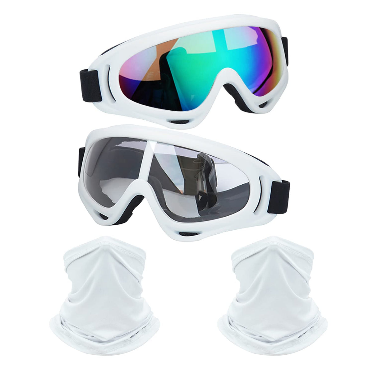 Ljdj Motorcycle Goggles,2 Pack Dirt Bike Atv Motocross Riding Hiking Protective With 2 Pack Neck Breathable Bandana Mask (White+