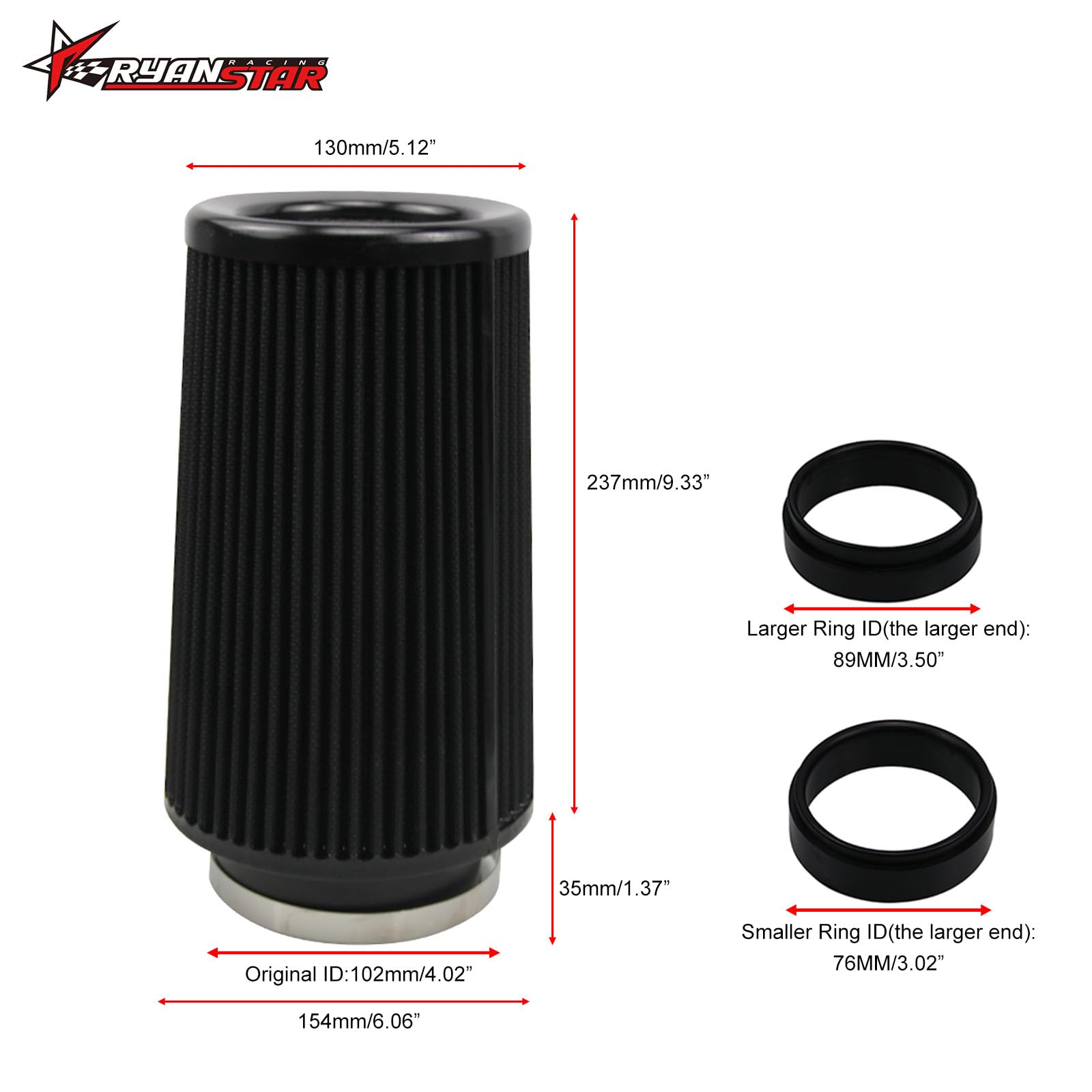 RYANSTAR Universal Clamp-On Air Filter Three Different Size 76MM 89MM 102MM High Flow Round Tapered Cone Closed-Top Cool Air Fil