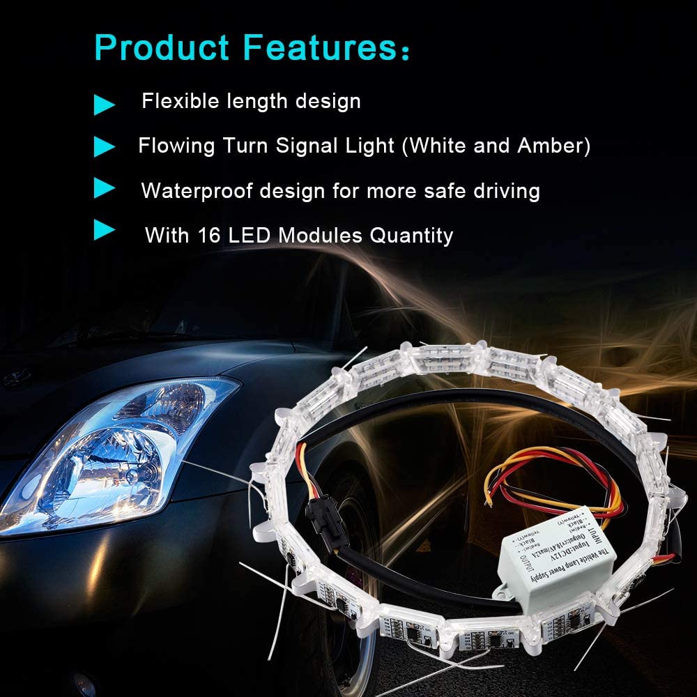 Grandviewtm 2Pcs Flexible Car Led Strip, Crystal Drl Led Lights Daytime Running Light Flowing Turn Signal Light Headlight White/