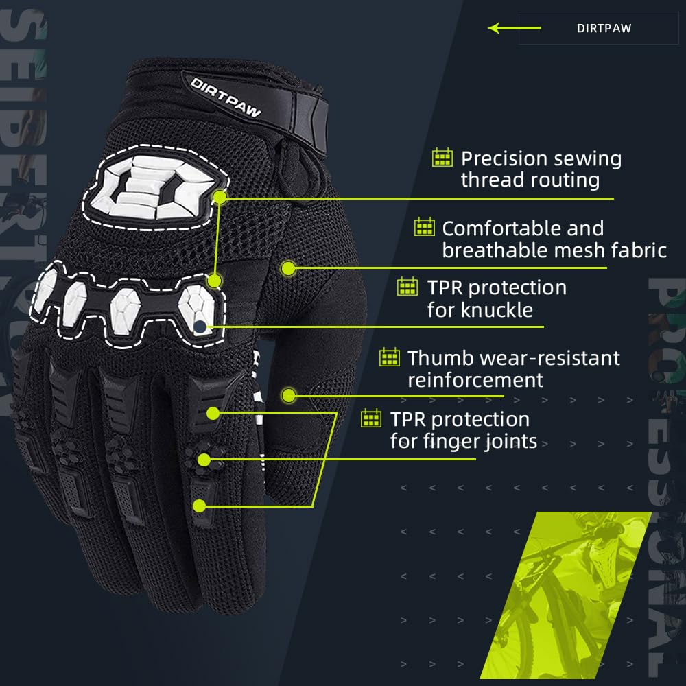 Seibertron Dirtpaw MX Gloves - Full Finger Touchscreen, Spandex, XL, Black, Model 13 for Cycling, Mountain Biking, Motorcycle and Motocross