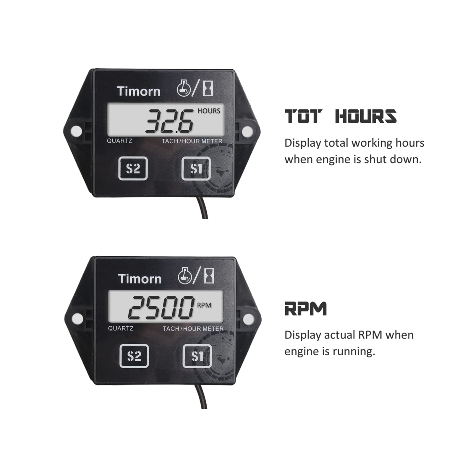 Tachometer for Small Engine,Inductive Hour Meter for 2 Stroke & 4 Stroke Small Engine, Timorn Replaceable Battery Waterproof Tachometer for Chainsaw Marine ATV Motorcycle UTV Engine (Black)