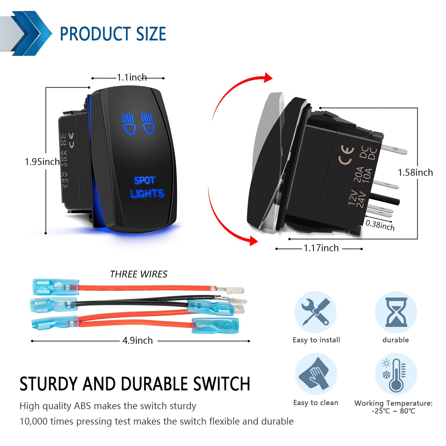 Spot Lights Rocker Switch 5Pin Laser On/Off Blue Led Light 20A/12V 10A/24V Toggle Switch With Jumper Wires Set For Automotive Bo