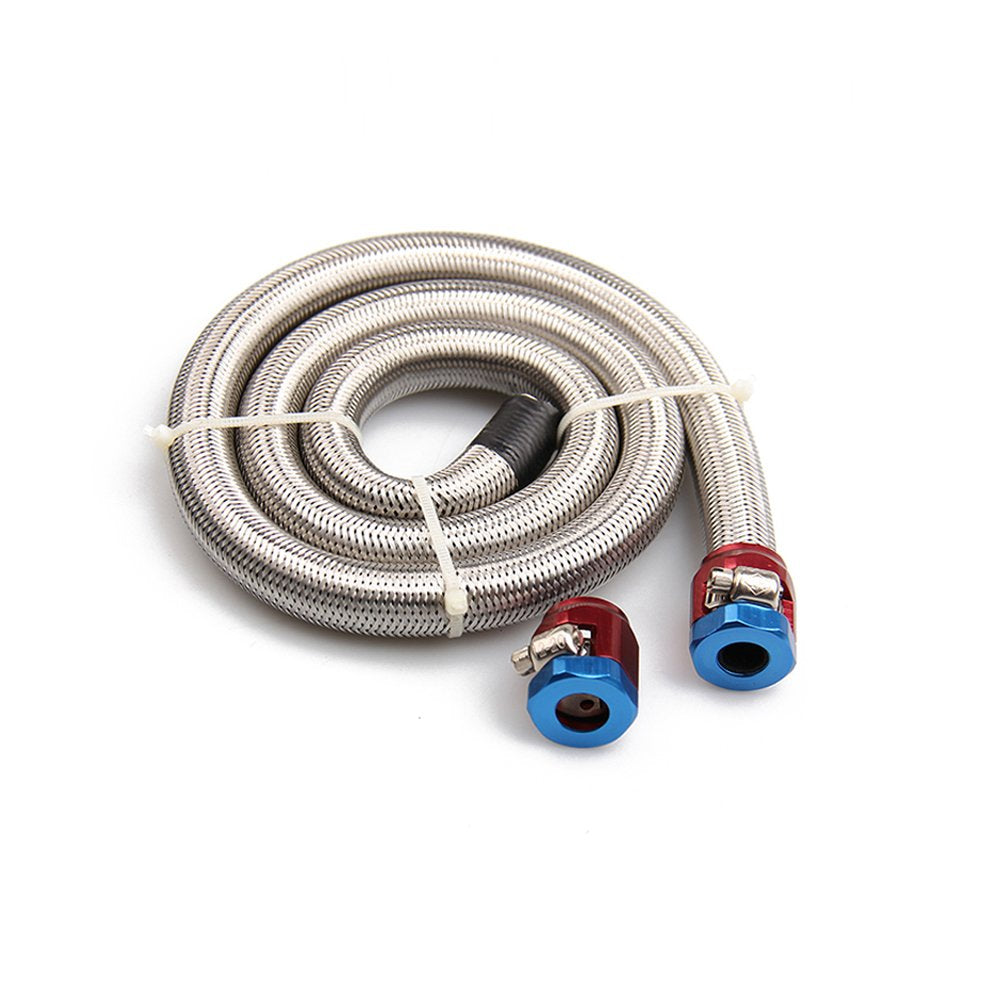 3Ft 6An 3/8'' Fuel Line Stainless Steel Braided Hose W/2Pcs An6 Hose Fitting Kit Blue & Red Universal For Racing Fuel, Gas, Cool