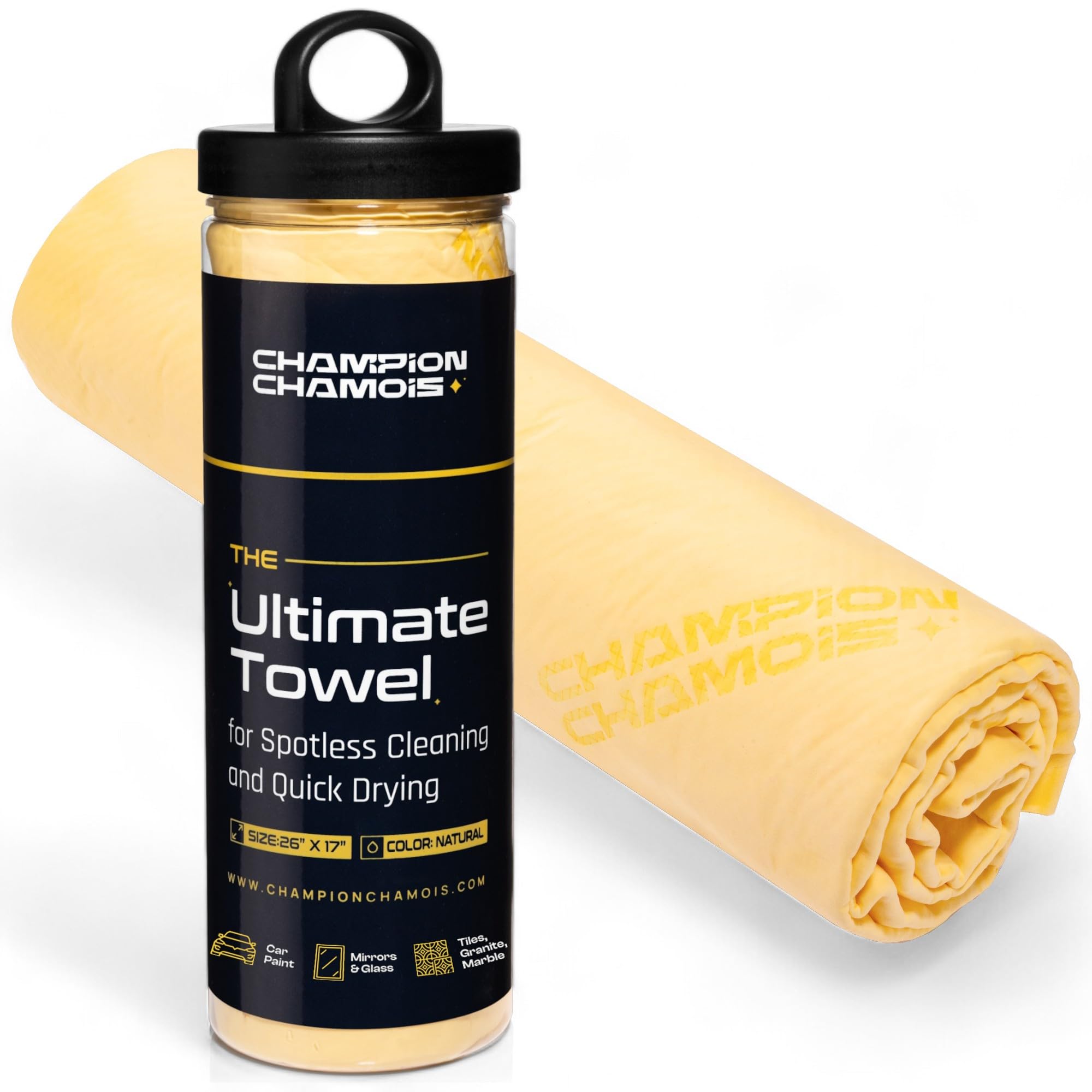 Premium Ultraabsorb+ Shammy Towel For Cars, Boats, Home (26X17) - Super Soft, Scratch Free, Lint Free Chamois Cloth - Reusable Car Drying Towel - Natural/Yellow