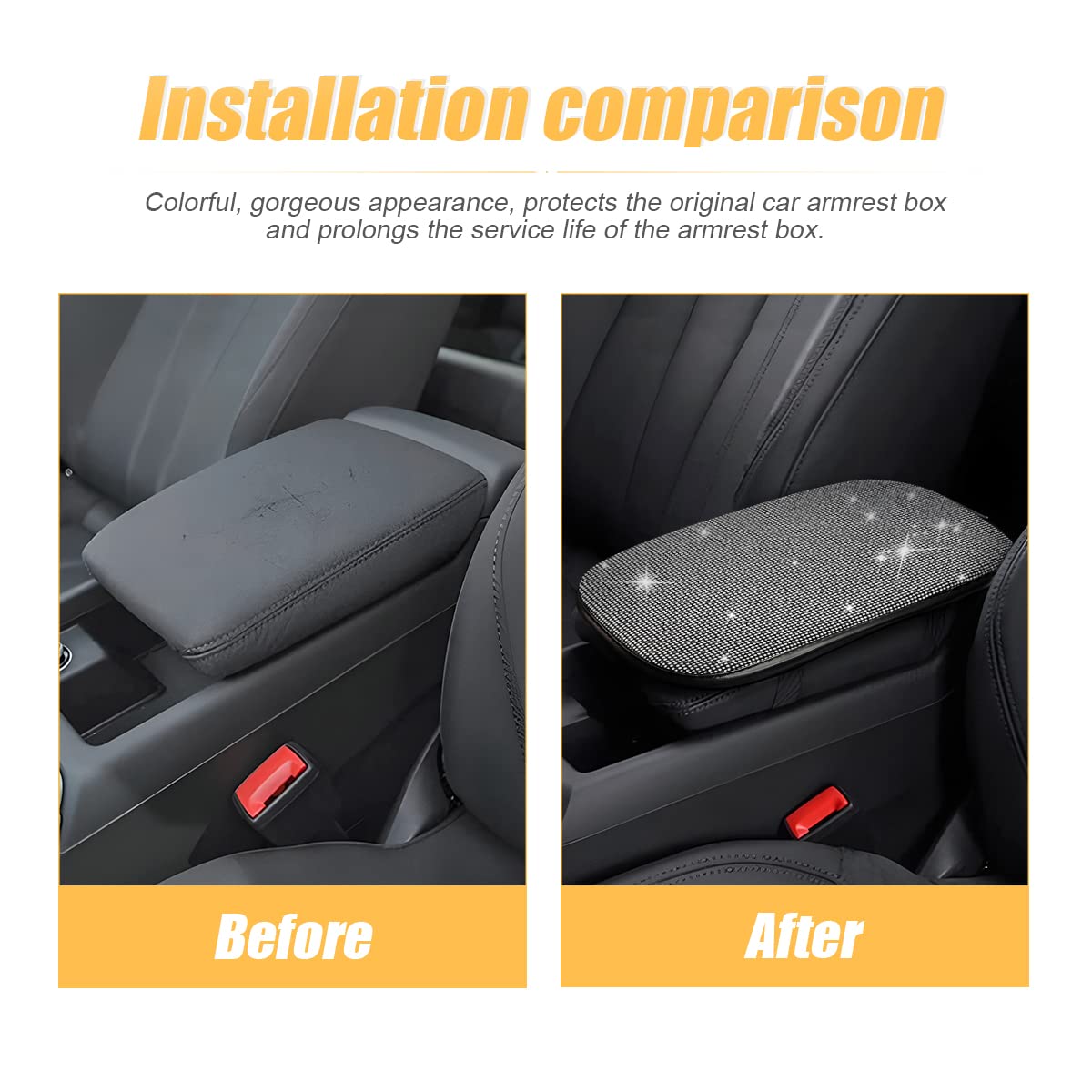 Bling Center Console Cover, Diamond Fashion Armrest Pad, Crystal Soft Arm Rest Protective Cushion, Car Accessories For Women Girls, 11.8'×8.5' For Most Of Vehicles, Suvs, Trucks (Black&White)