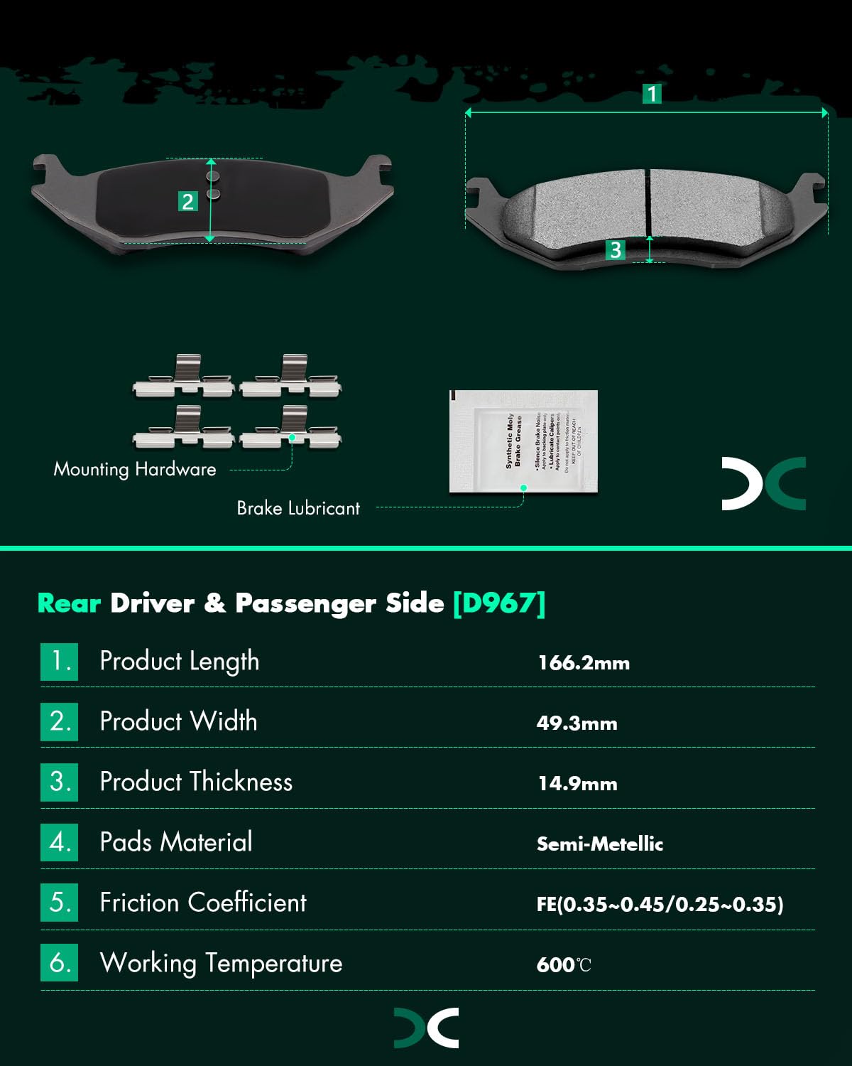 Scitoo D967 Rear Semi-Metal Brake Pads Set - Fit For Chrysler Aspen, Dodge Dakota, Durango, Ram 1500, Ram 1500 Van