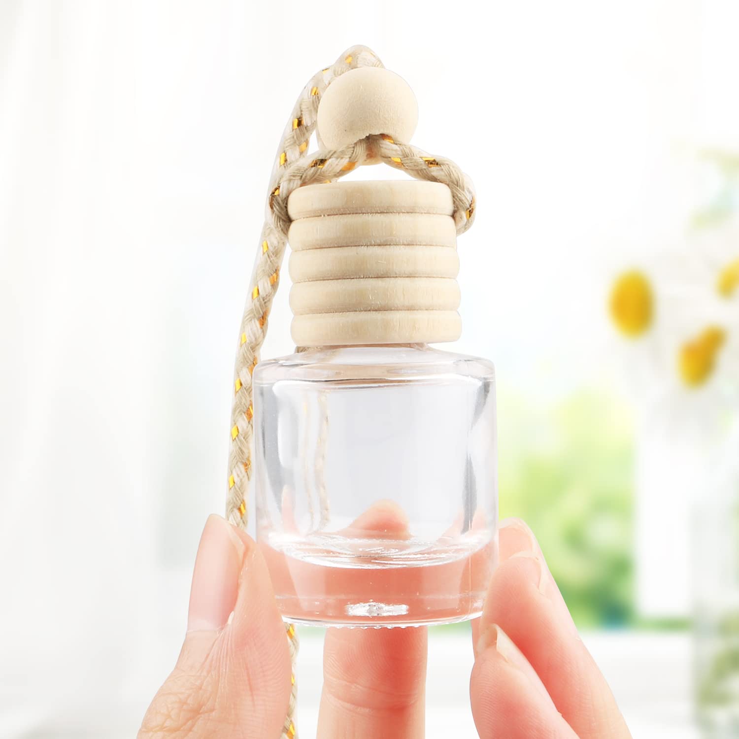 Dmuuudm 20 Pcs 8Ml Hanging Car Air Freshener Diffuser,Empty Clear Glass Essential Diffuser Oil Aromatherapy Fragrance Perfume Pendant Glass Vials With Wooden Caps & Hanging String,Cylindrical