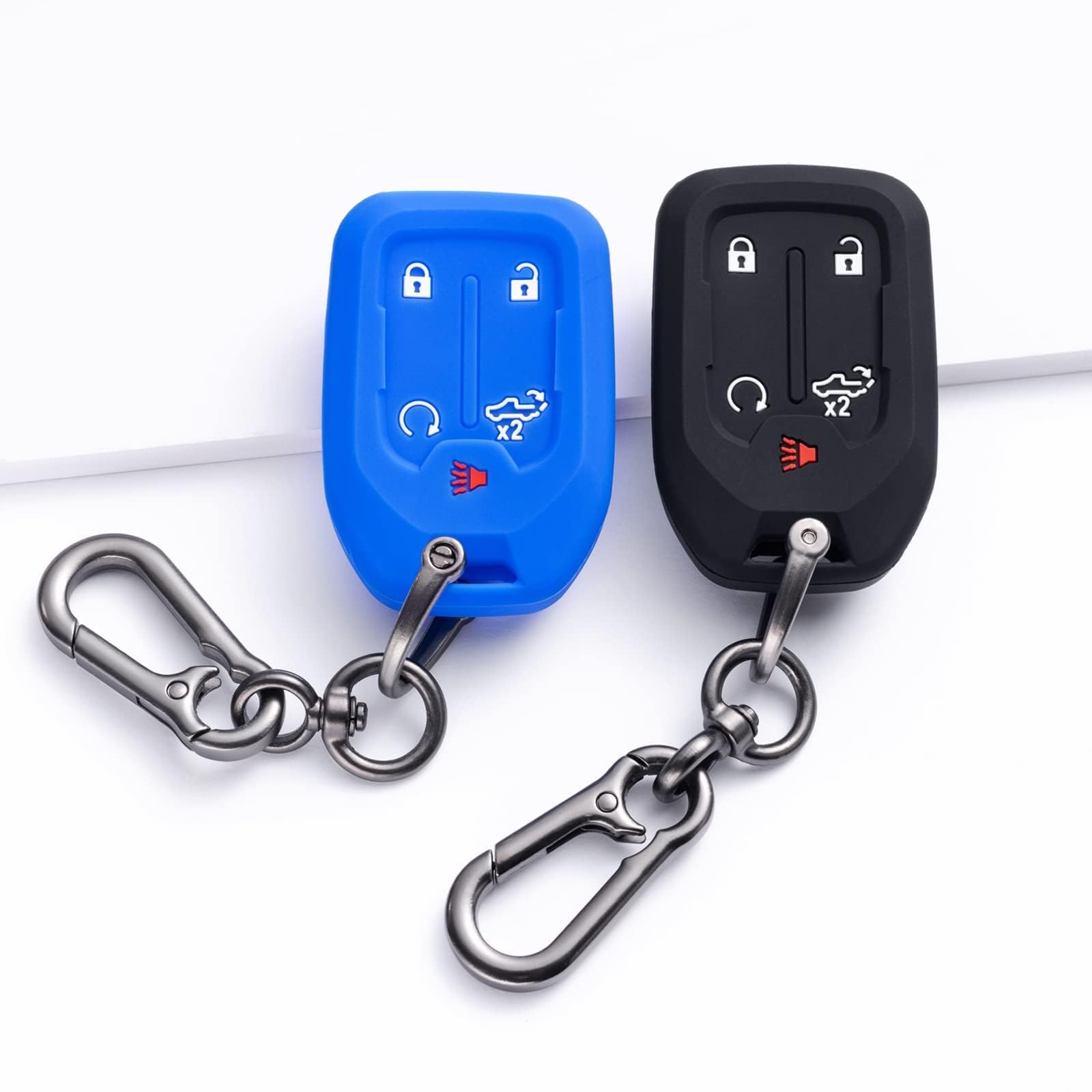 Pimcar Remote Silicone Protector Smart 5-Button Key Fob Case Cover Compatible With 2019-2023 Chevy Silverado And Gmc Sierra 1500 2500Hd 3500Hd Accessories (Blue & Black With White Button, 2Pcs)