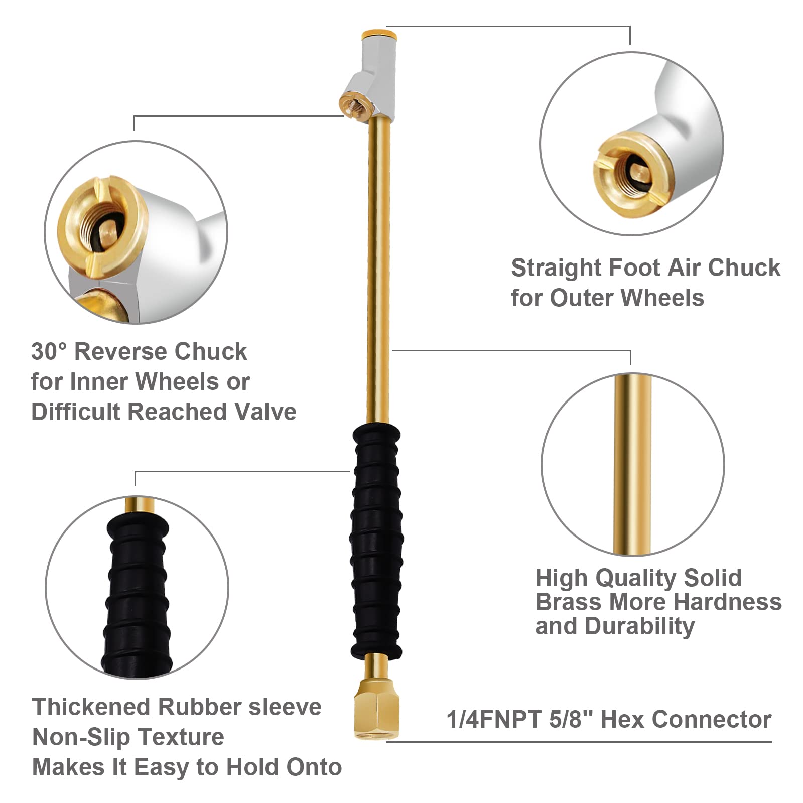 Godeson 1/4' Fnpt Extended Reach Dual Head Air Chuck, 2-Way Connection 11.8' Extended Brass Air Chuck With Rubber Handle,Tire Chuck With Quick Plug For Semi, Rv, Truck Dually Tires