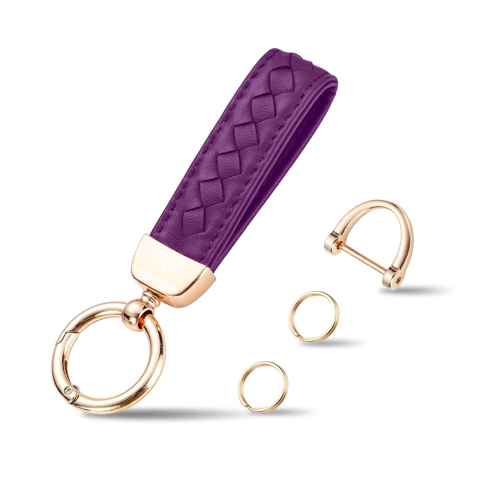 Hamdecro Genuine Leather Keychains, Handmade Knit Sheepskin Car Key Chains For Women, Universal Key Fob Holder With 360 Degree Rotatable, Anti-Lost D-Ring, 2 Keyrings And 1 Screwdriver - Purple