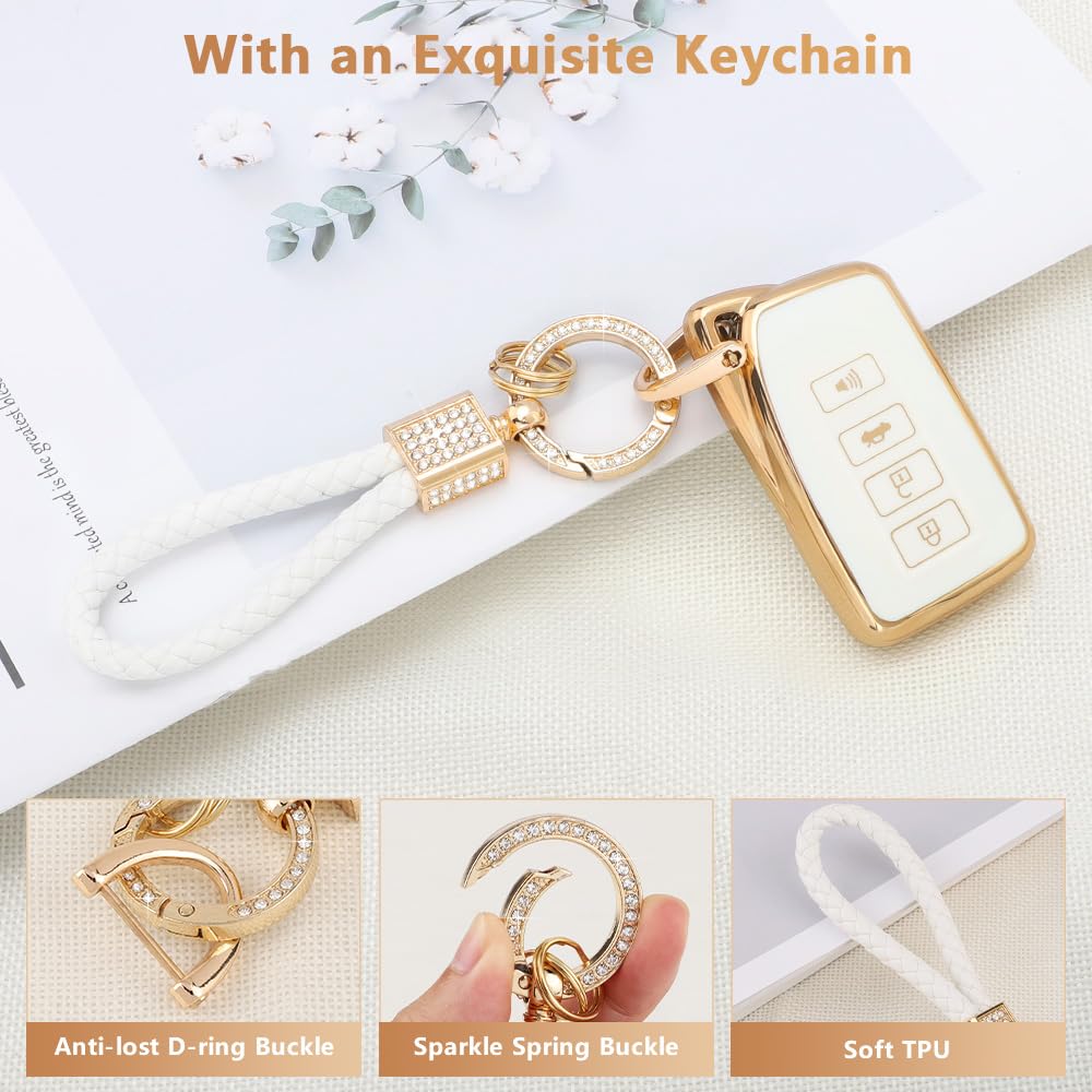Pifoog For Lexus Key Fob Cover White Gold Soft Tpu 4 Button Car Keys Case Shell Full Protector Bling Keychain For Lexus Nx Rx Gs