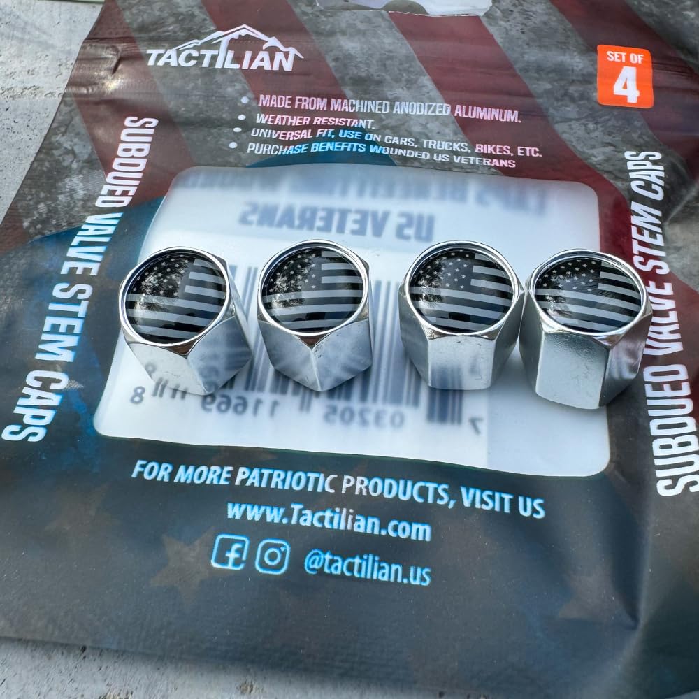 Tactilian American Flag Chrome Valve Stem Caps 4 Pack | Leakproof Aluminum Tire Valve Caps With Rubber O-Ring, Universal Fit For