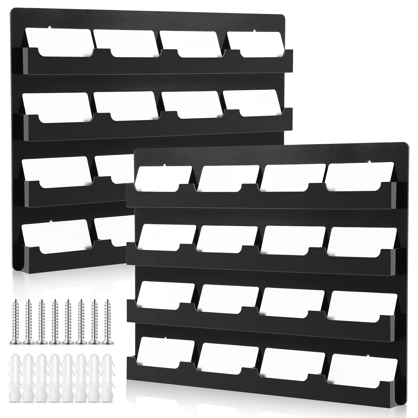 Geelin 2 Pcs Business Card Holder with Hanging Hardware Black Acrylic 16 Pocket Business Vertical Organizer Wall Mount Sticker Display Rack Pre Drilled Organizing Stand for Office Home (Horizontal)-New