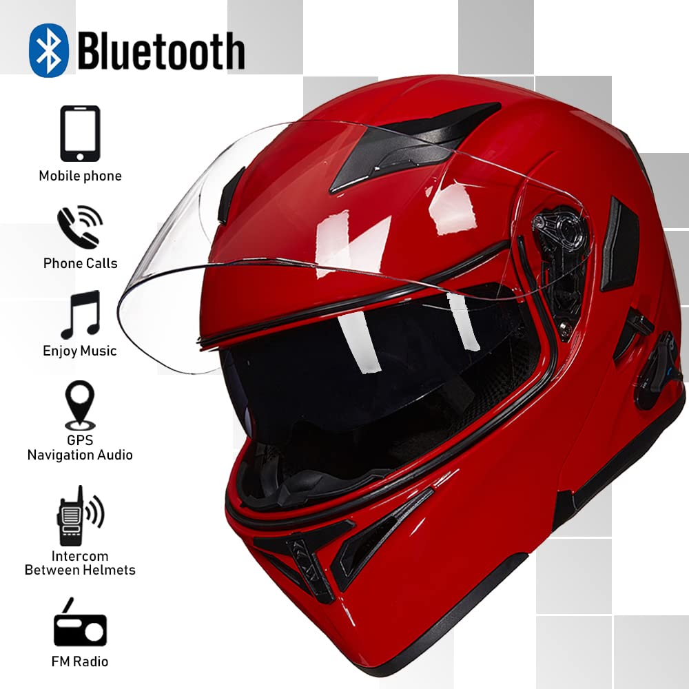 Ilm Bluetooth Motorcycle Helmet Modular Flip Up Full Face Dual Visor Mp3 Intercom Fm Radio Dot Model 902Bt(Bright Red, X-Large)