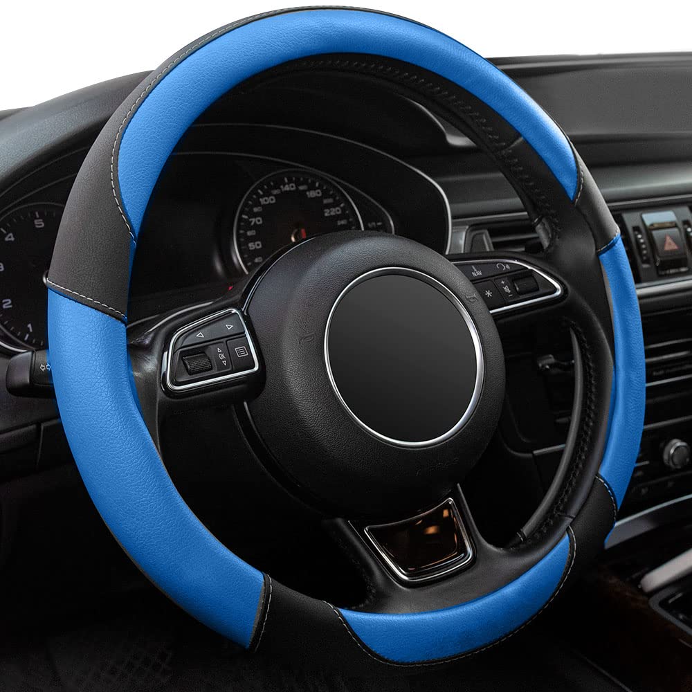 Xizopucy Black And Blue Microfiber Leather Steering Wheel Cover,Universal 15 Inch Steering Wheel Covers For Car Truck Suv,Breath