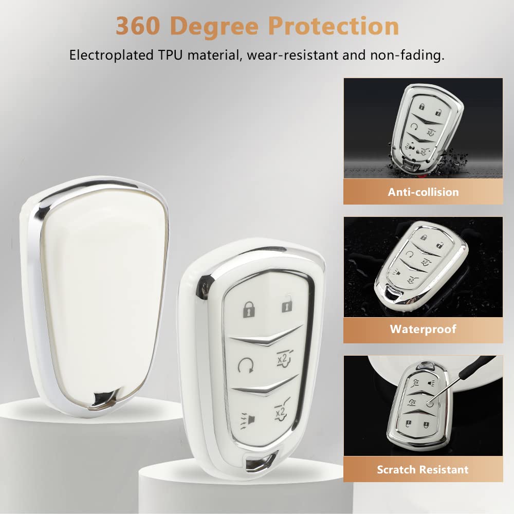 Pifoog Escalade Key Fob Cover For Cadillac 6 Button Smart Keys Case Proector Accessories Tpu Soft Bling Keychain White Silver Girly Cute For Cadillac Escalade Esv 2015 - 2020