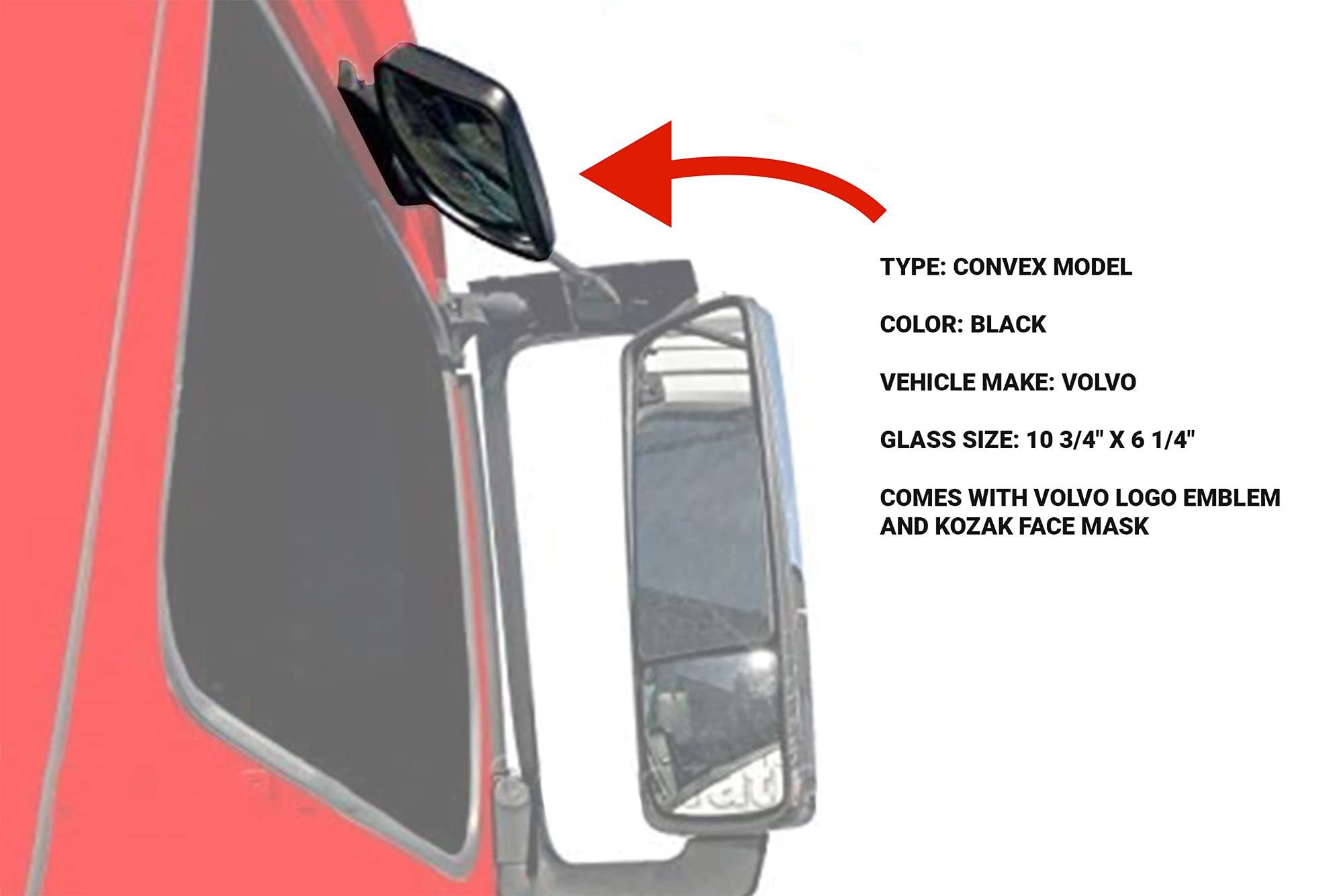 Kozak Look Down Convex Mirror Right Passenger Side Compatible With Volvo Trucks 2004 And Newer - Volvo Truck Accessories - Plus Volvo Logo Emblem And Kozak Vest