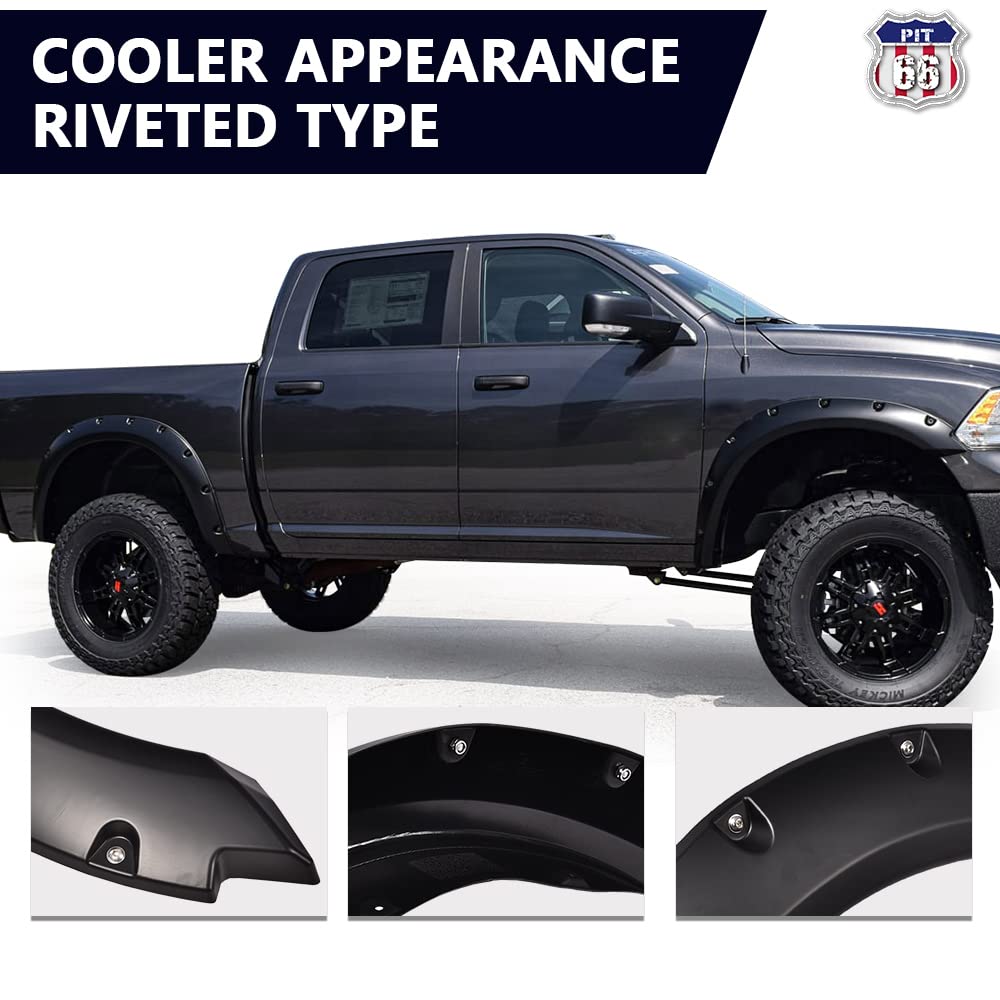 PIT66 Fender Flares, Compatible With Dodge Ram 1500 2009-2018/Compatible With Ram 1500 Classic (Excludes R/T & Rebel) 19-22 Pain