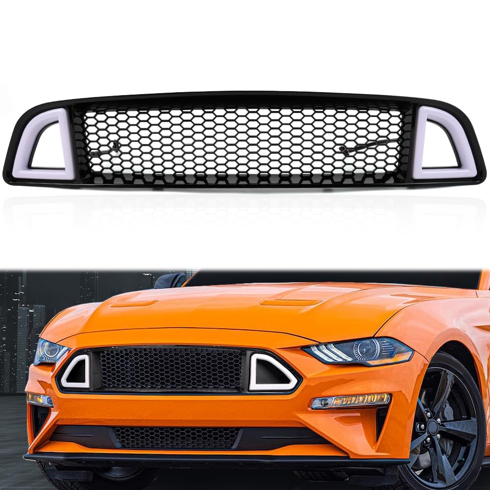 G-Plus Mesh Front Bumper Upper Hood Grille Grill With Drl Led Accent Vent Lights Compatible With Ford Mustang 2015-2017