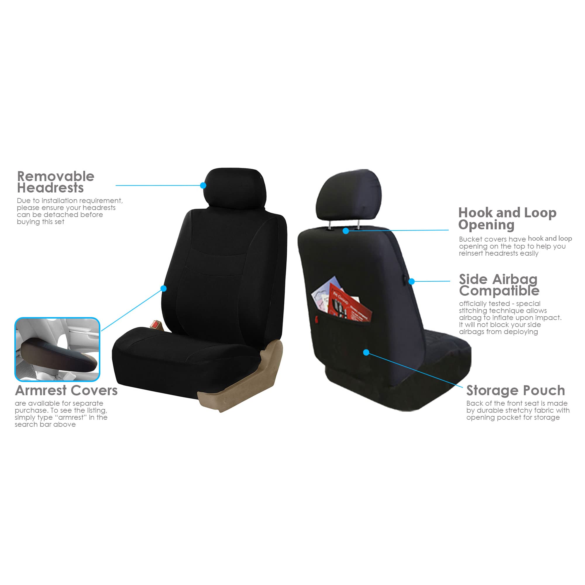 Fh Group Light & Breezy Cloth Car Seat Covers Three Row Set- Airbag & Split Ready -Universal For Cars Trucks And Suvs (Black)