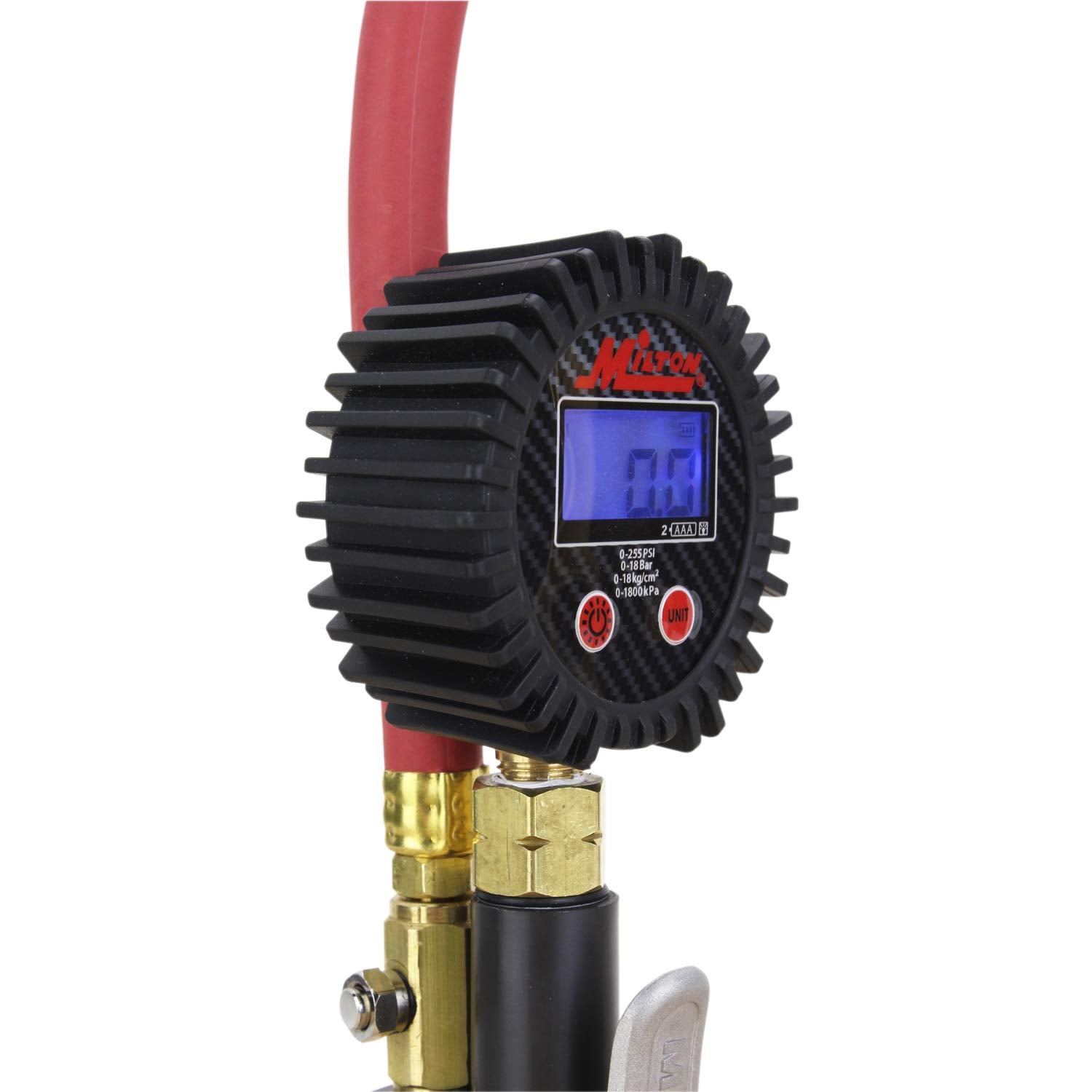 Milton S-530 Compact Digital Tire Inflator with Pressure Gauge, 255 PSI, Dual Head Air Chuck, 15'' Hose, 2.5'' Dial, 360 Swivel,