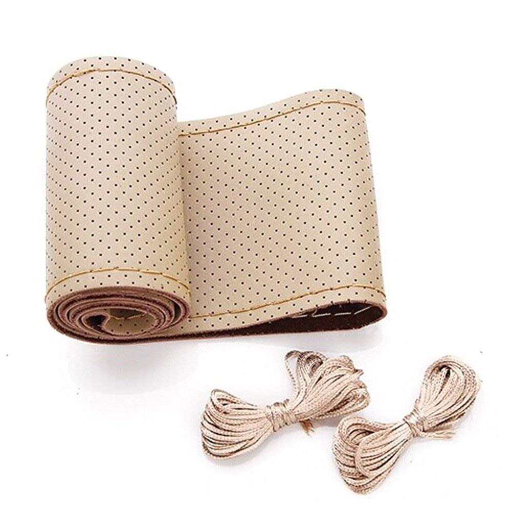 Belinous Universal Leather Car Steering Wheel Cover, Stitch On Wrap (Size M4, Beige)