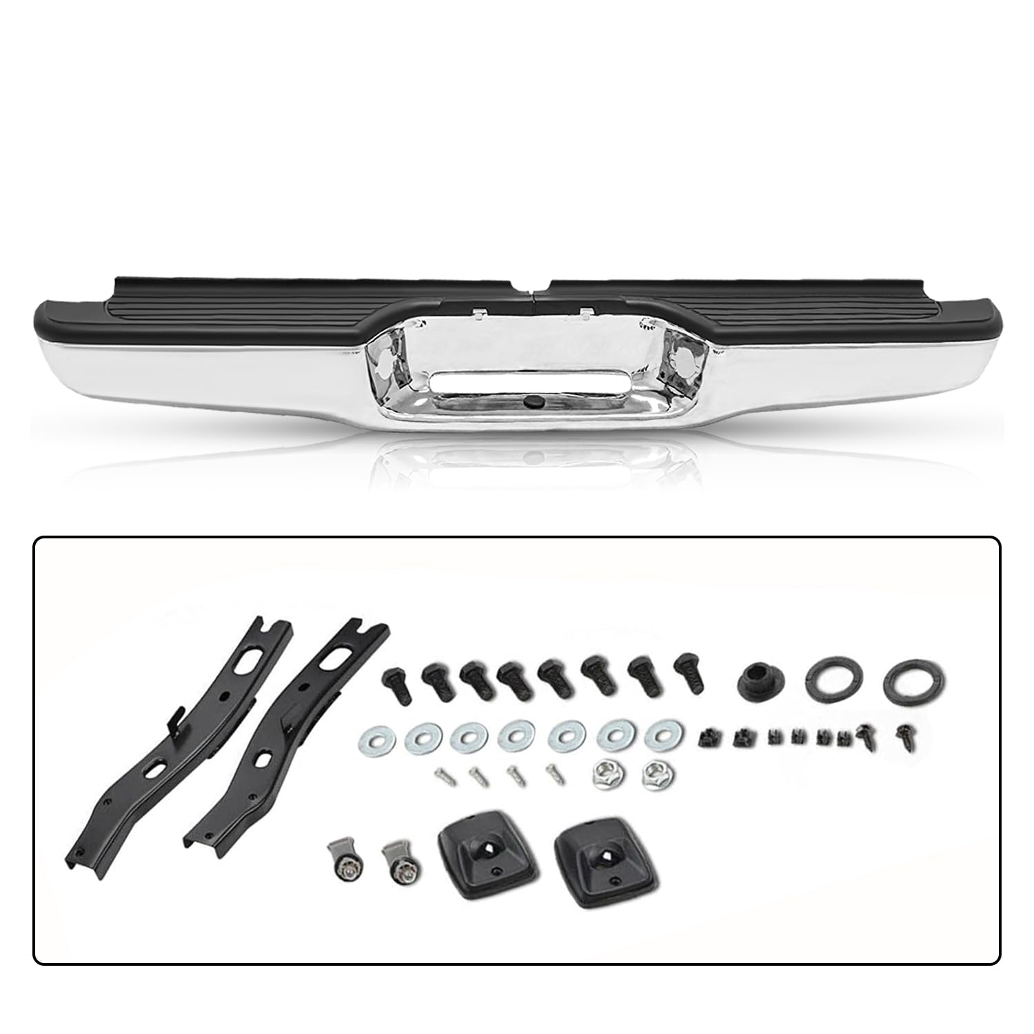 SOCKIR Anti-Rust Coating Rear Bumper Assembly Fit for 1995-2004 Toyota Tacoma Back Step Bumper with Black Plastic Pads Chrome St