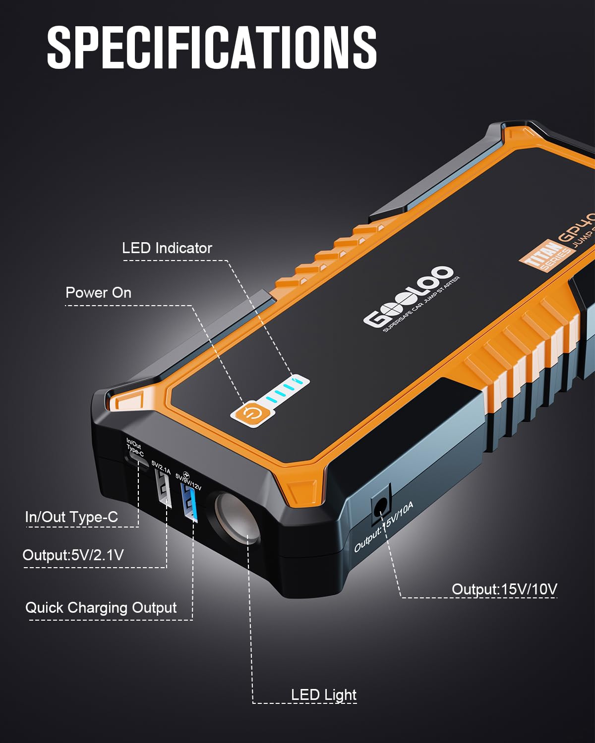 Gooloo 4000A Peak Car Jump Starter 12V Auto Battery Booster Supersafe ...