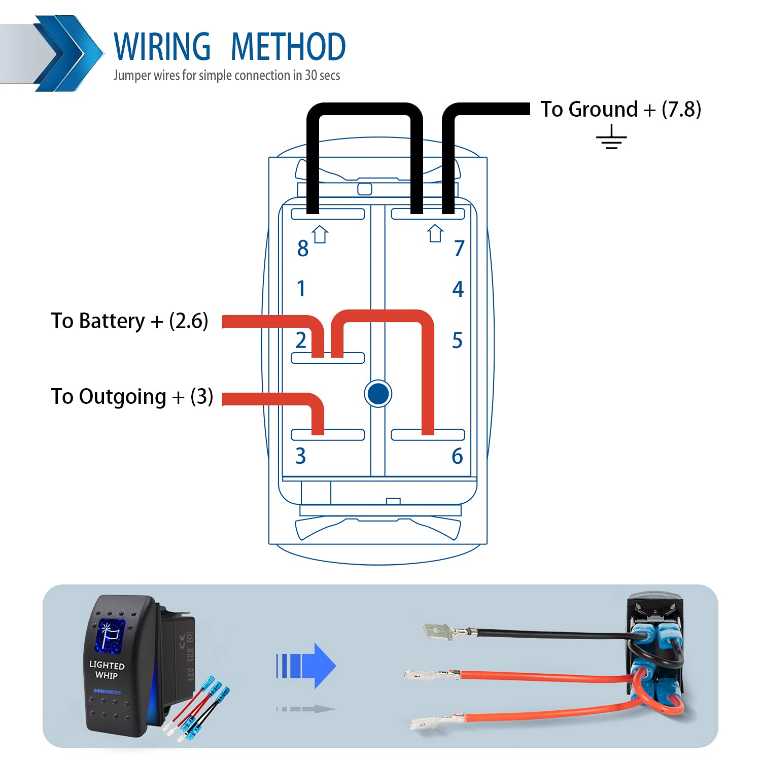 Lighted Whip Waterproof Rocker Switch Toggle - On/Off Blue Led Light - 12V 20Amp 24V 10Amp, 5 Pin For Automotive Cars Vehicles Marine Boats Trucks Trailers 4X4 Caravans Rvs Suv Atv Utv & More